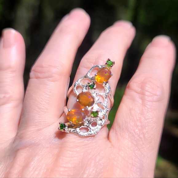 FIRE 🔥 Opals & Chrome Diopside sterling ring sz 7 - Picture 8 of 8